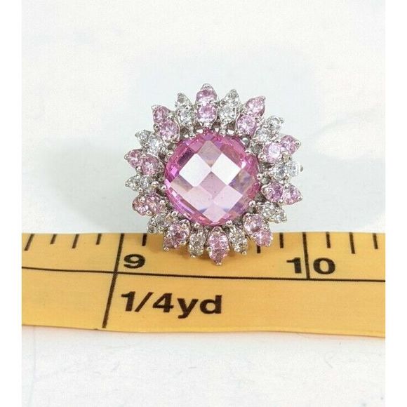 Size 8 huge Pink Cluster Sunflower Sterling Silver Cocktail Ring - Picture 2 of 9